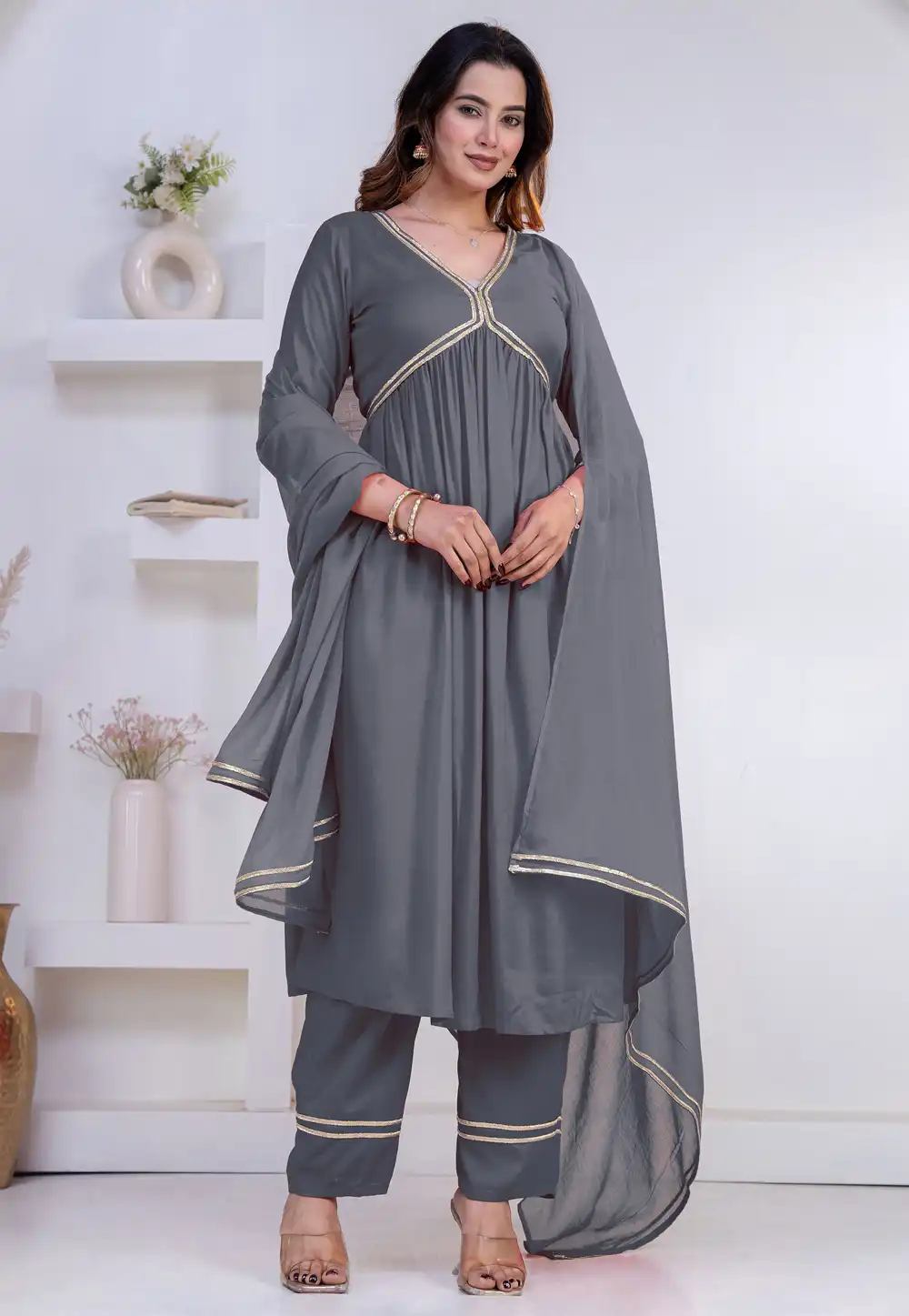 Grey Rayon Readymade Anarkali Suit 325448