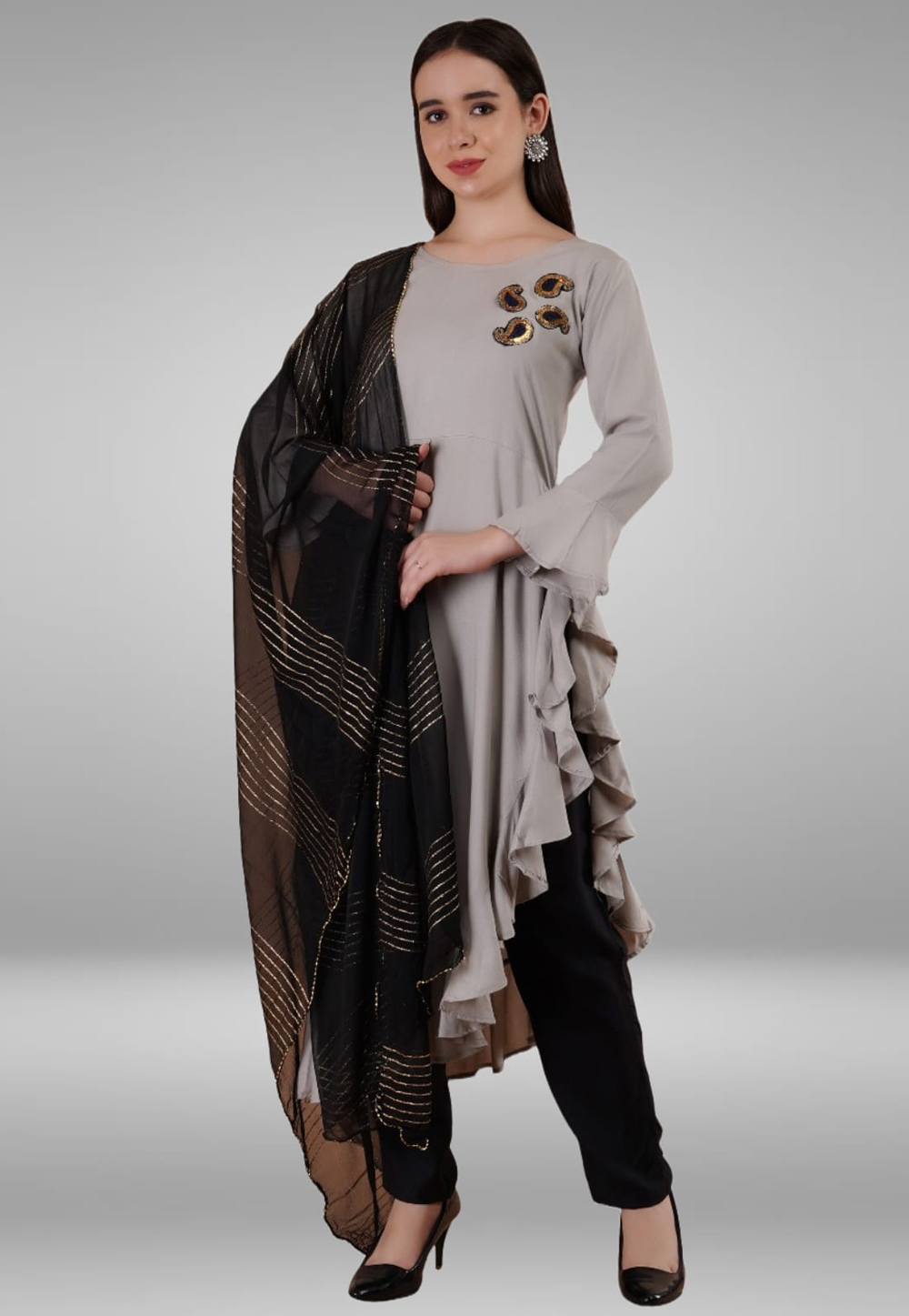 Grey Rayon Readymade Asymmetrical Salwar Kameez 282792
