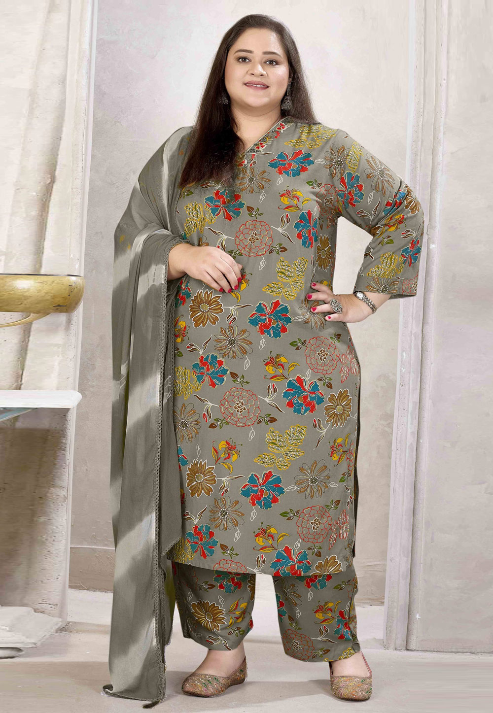 Grey Rayon Readymade Pakistani Suit 318812