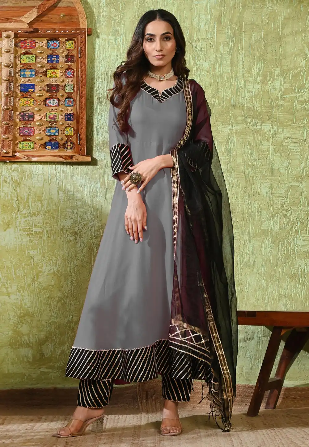 Grey Rayon Readymade Pant Style Suit 326578