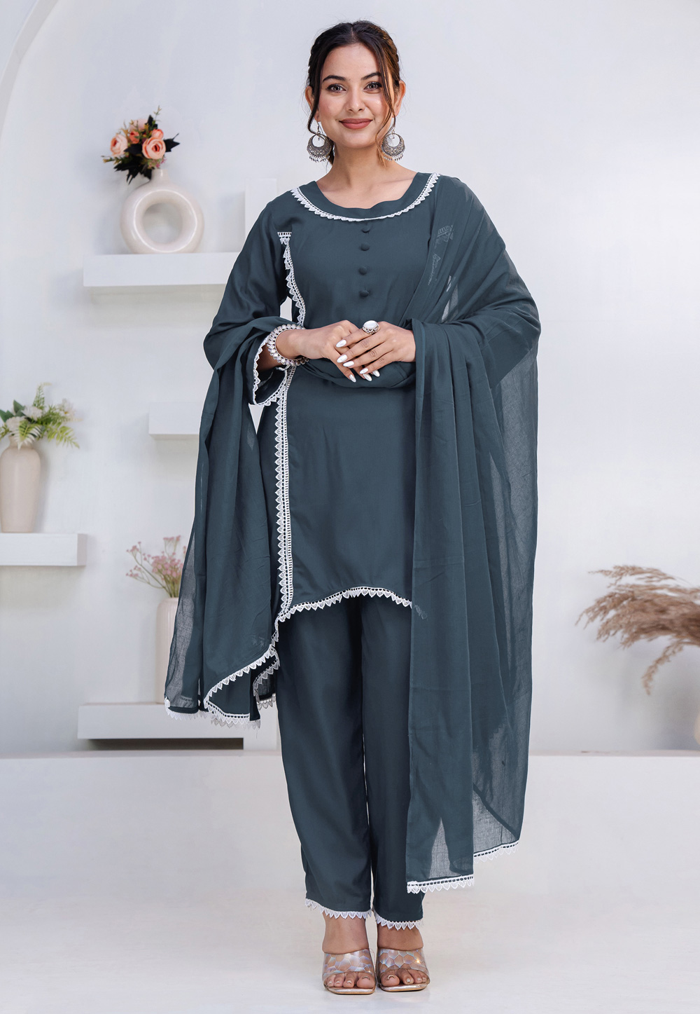 Grey Rayon Readymade Pant Style Suit 325462