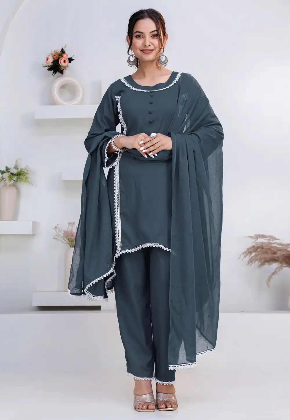 Grey Rayon Readymade Pant Style Suit 325462