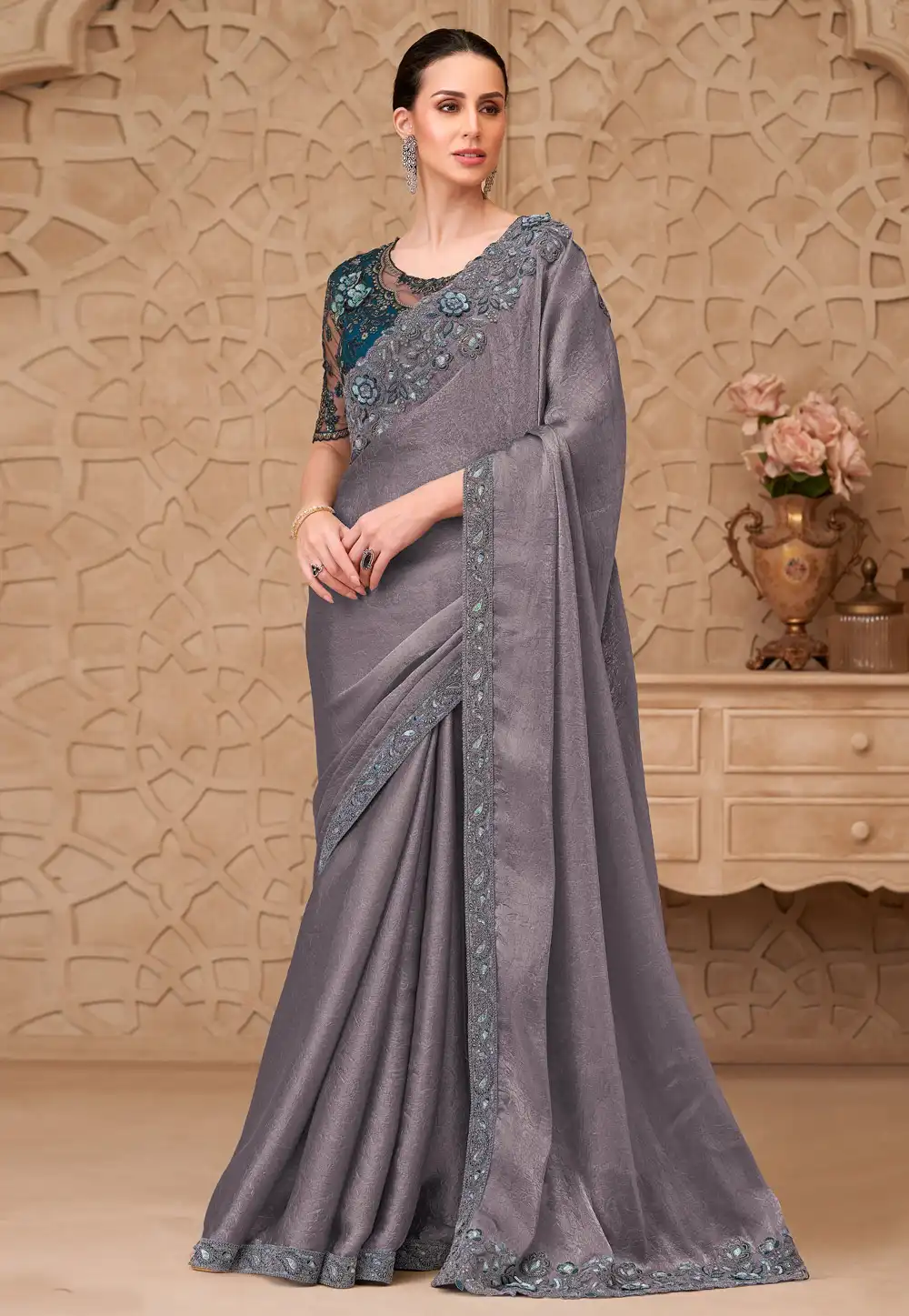 Grey Satin Georgette Saree With Blouse 325699