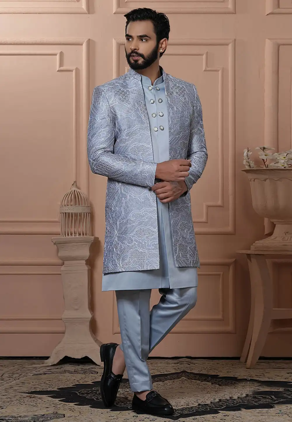 Grey Satin Jacket Style Sherwani 315054