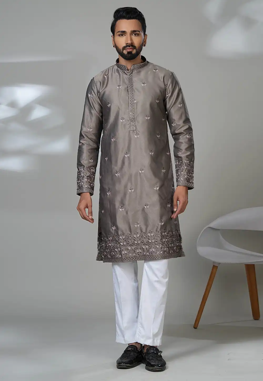 Grey Satin Kurta Pajama 315562