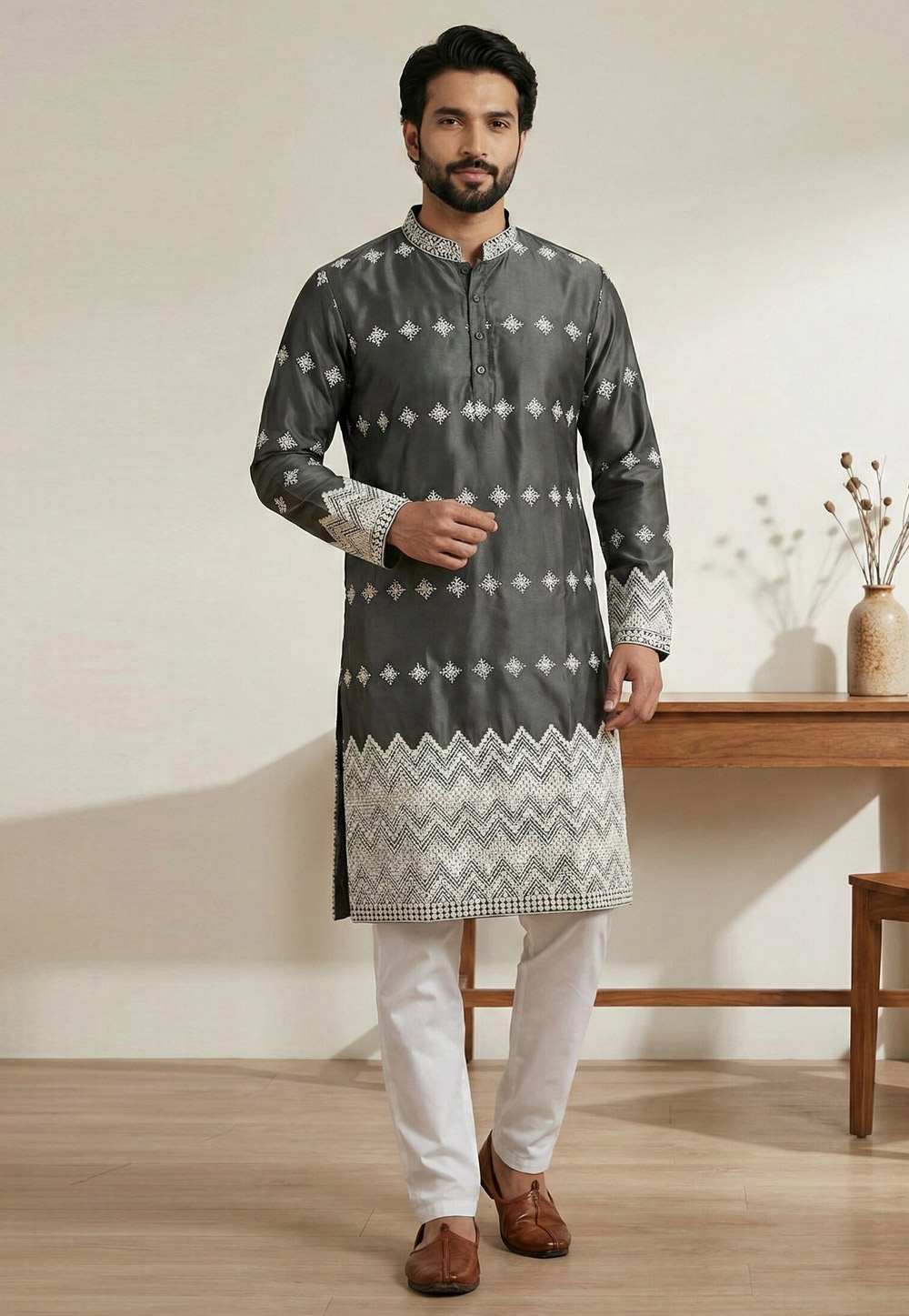 Grey Satin Kurta Pajama 324318