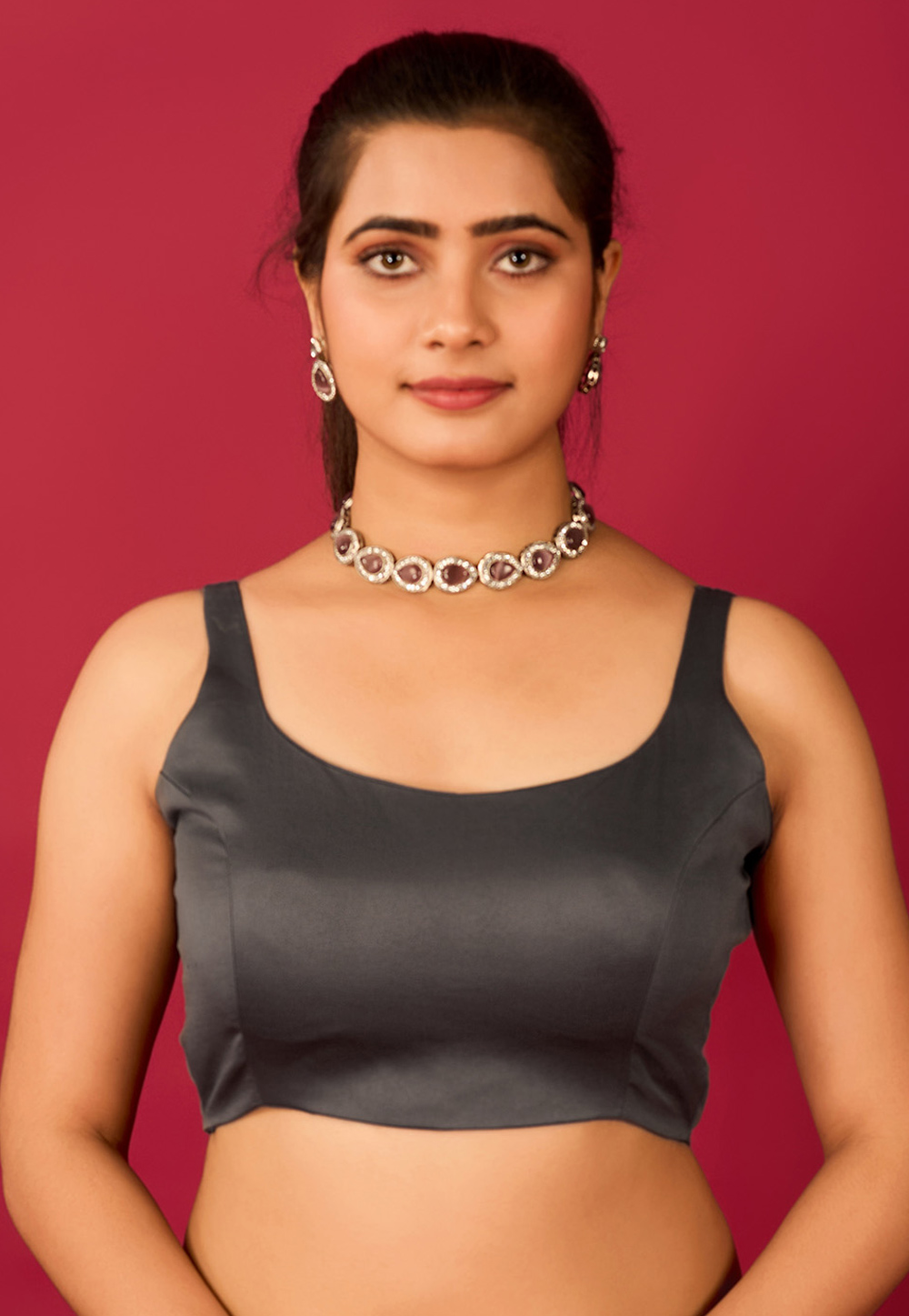 Grey Satin Readymade Blouse 285322