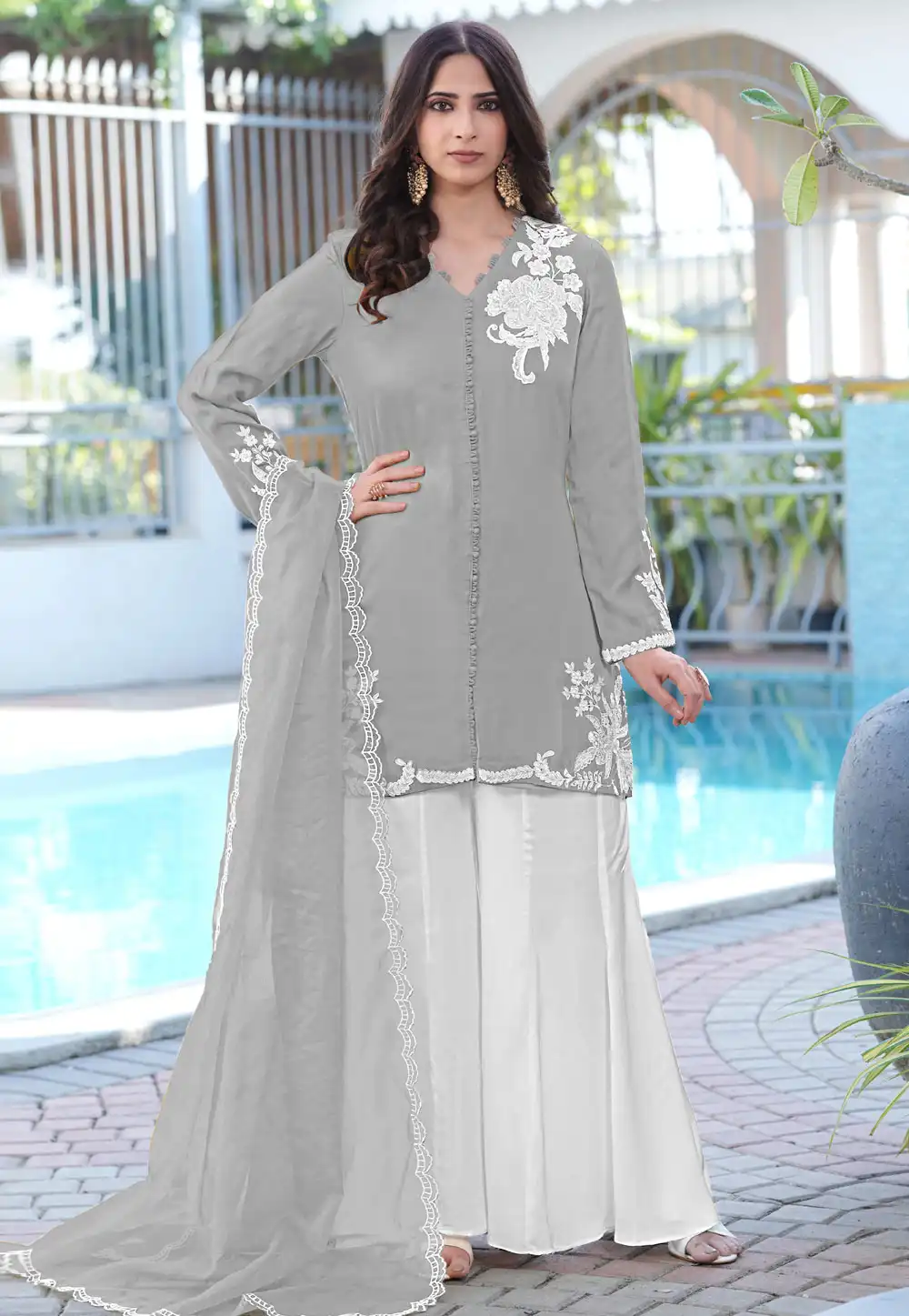 Grey Satin Readymade Palazzo Suit 325062