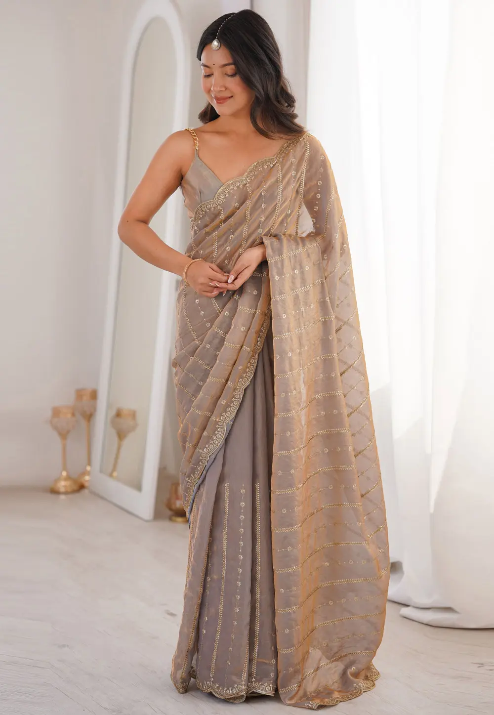 Grey Satin Saree With Blouse 331440