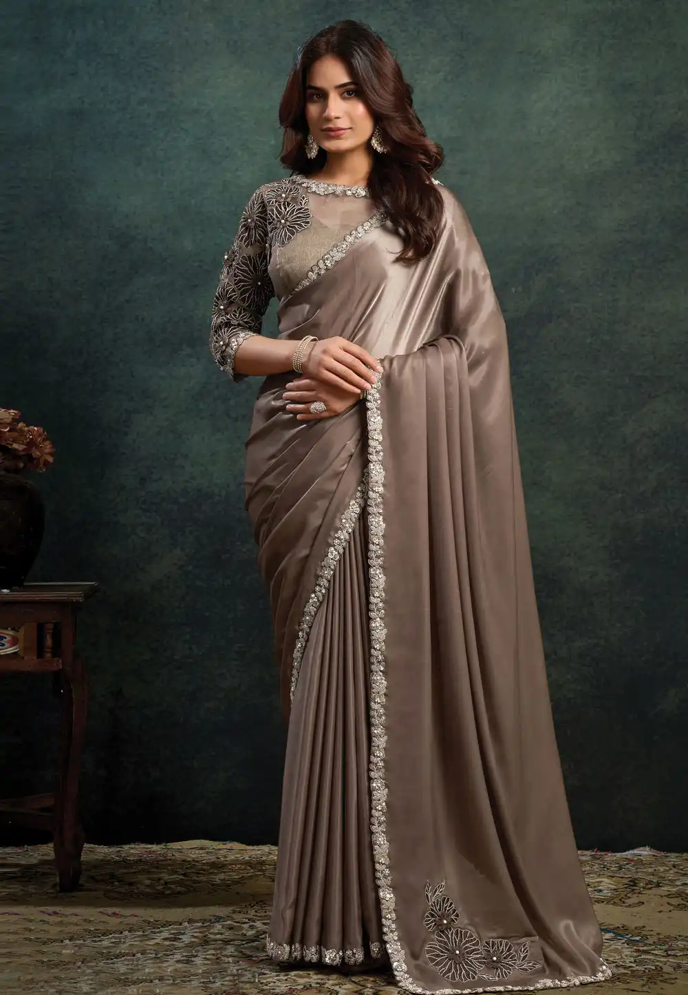 Grey Satin Saree With Blouse 322380