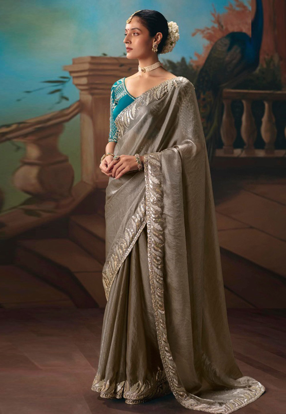 Grey Satin Saree With Blouse 322934