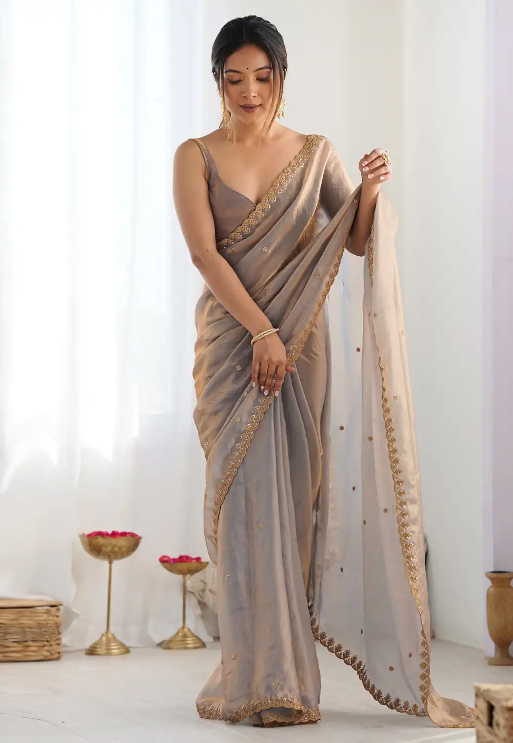 Grey Satin Saree With Blouse 325652