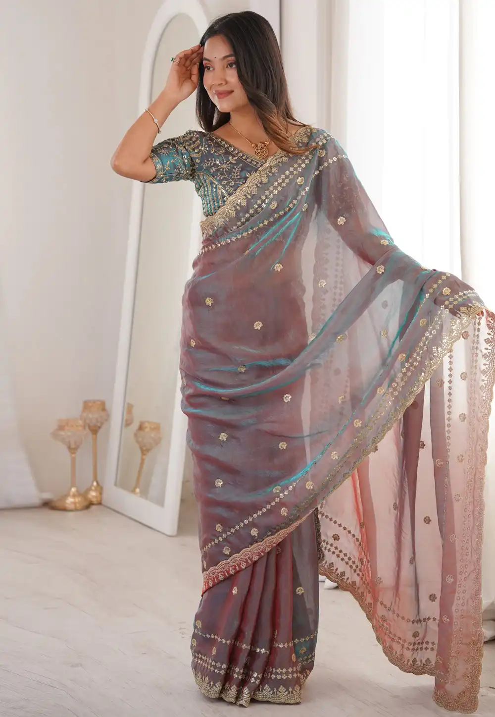 Grey Satin Saree With Blouse 329557
