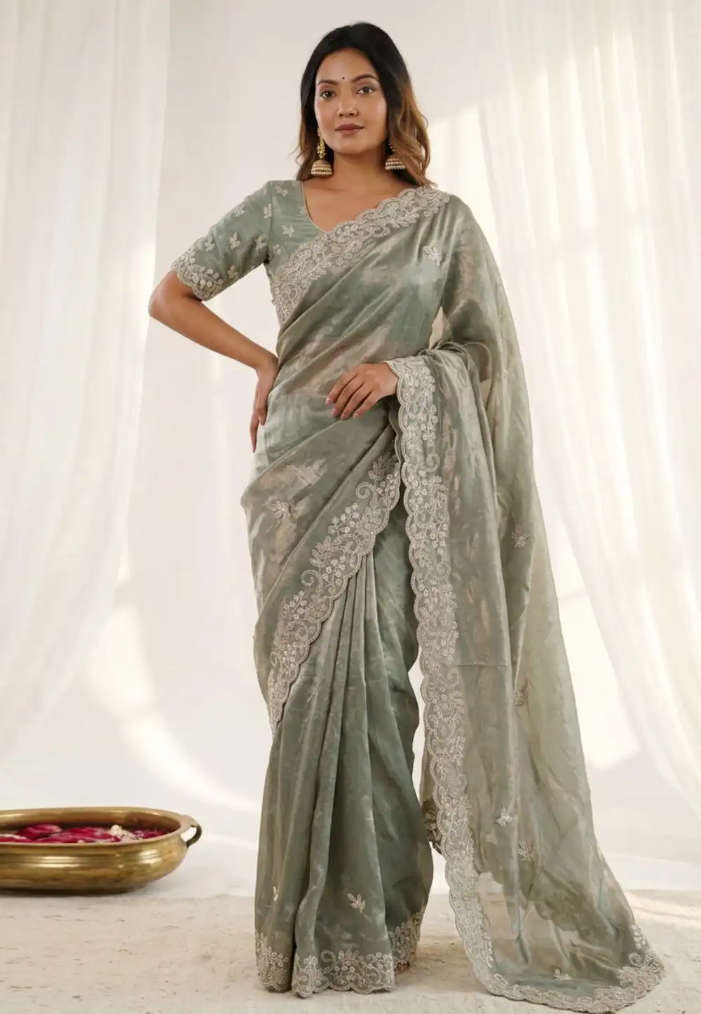 Grey Satin Saree With Blouse 330512