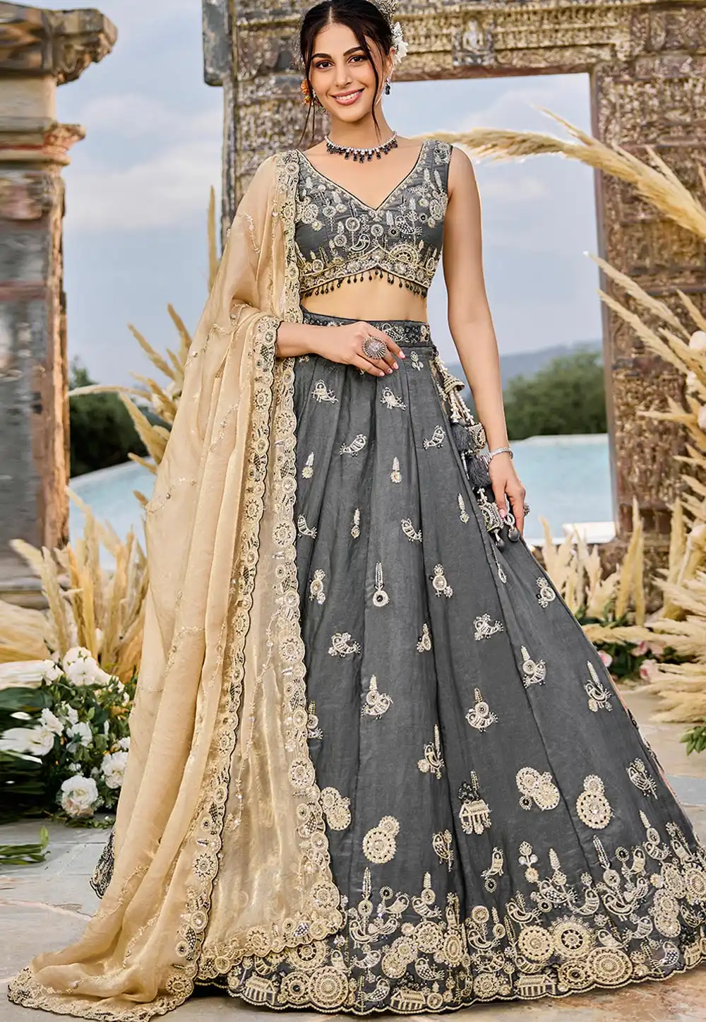 Grey Satin Silk Circular Lehenga Choli 317410