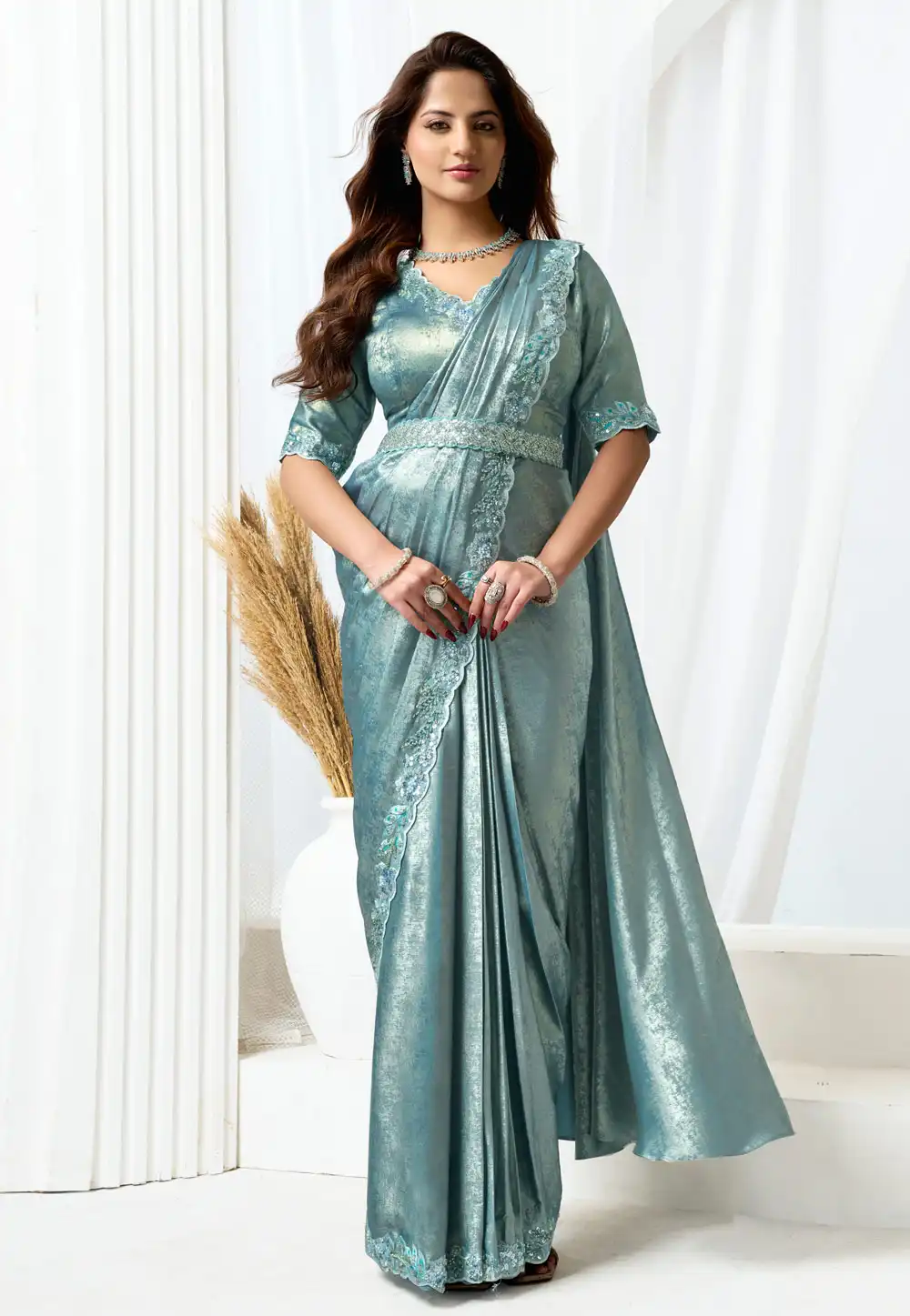 Grey Satin Silk Designer Saree 326855