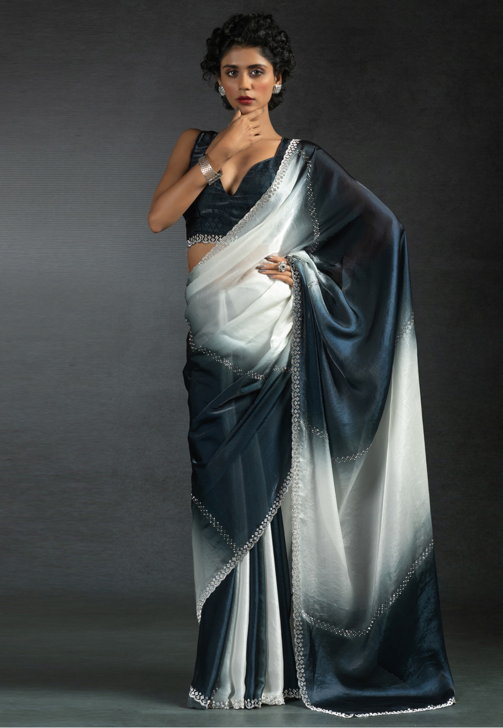 Grey Satin Silk Half N Half Saree 308480