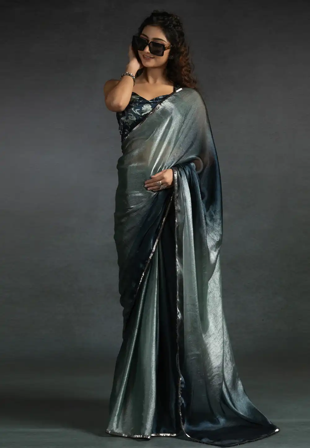 Grey Satin Silk Half N Half Saree 309374