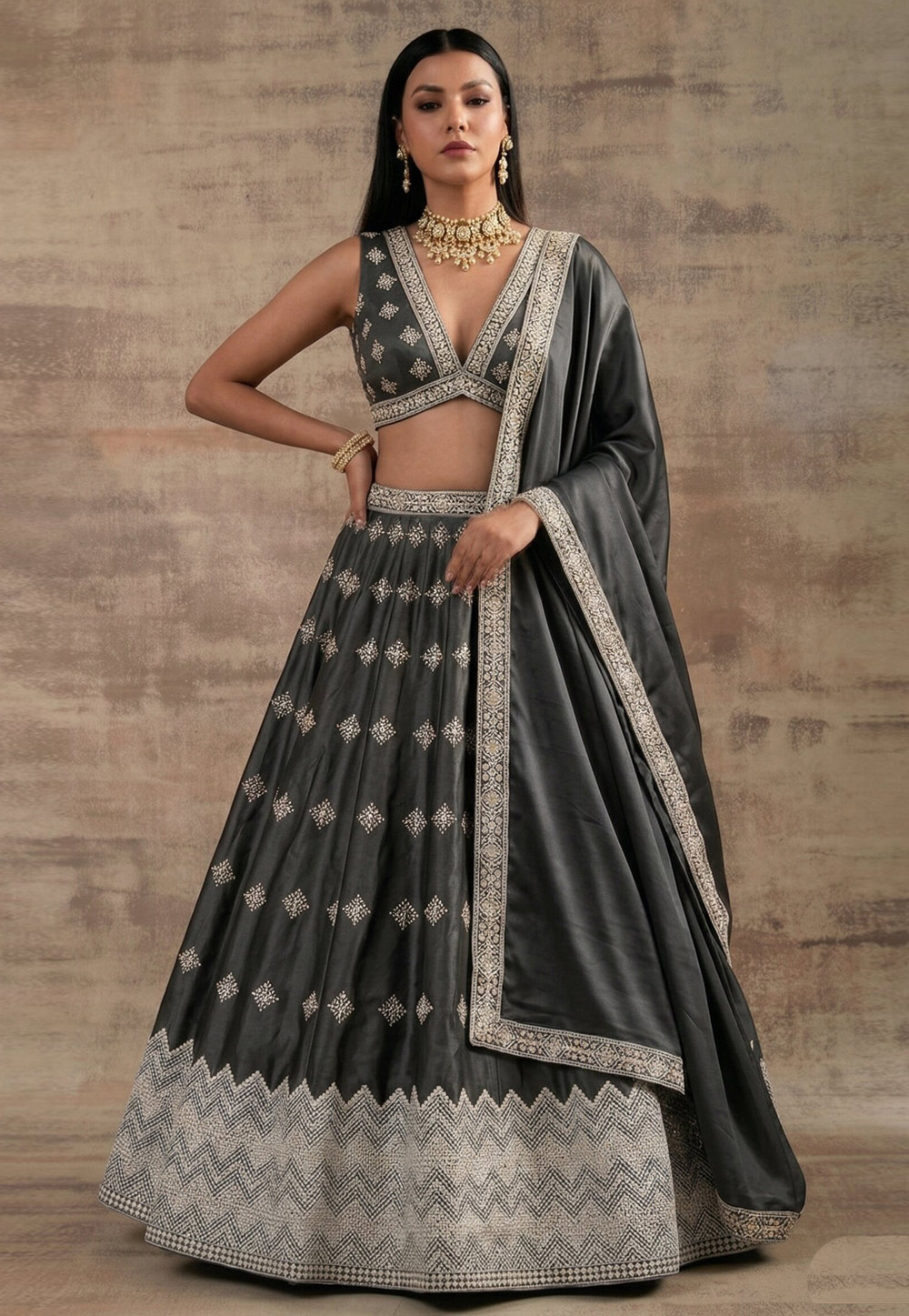 Grey Satin Silk Lehenga Choli 327820