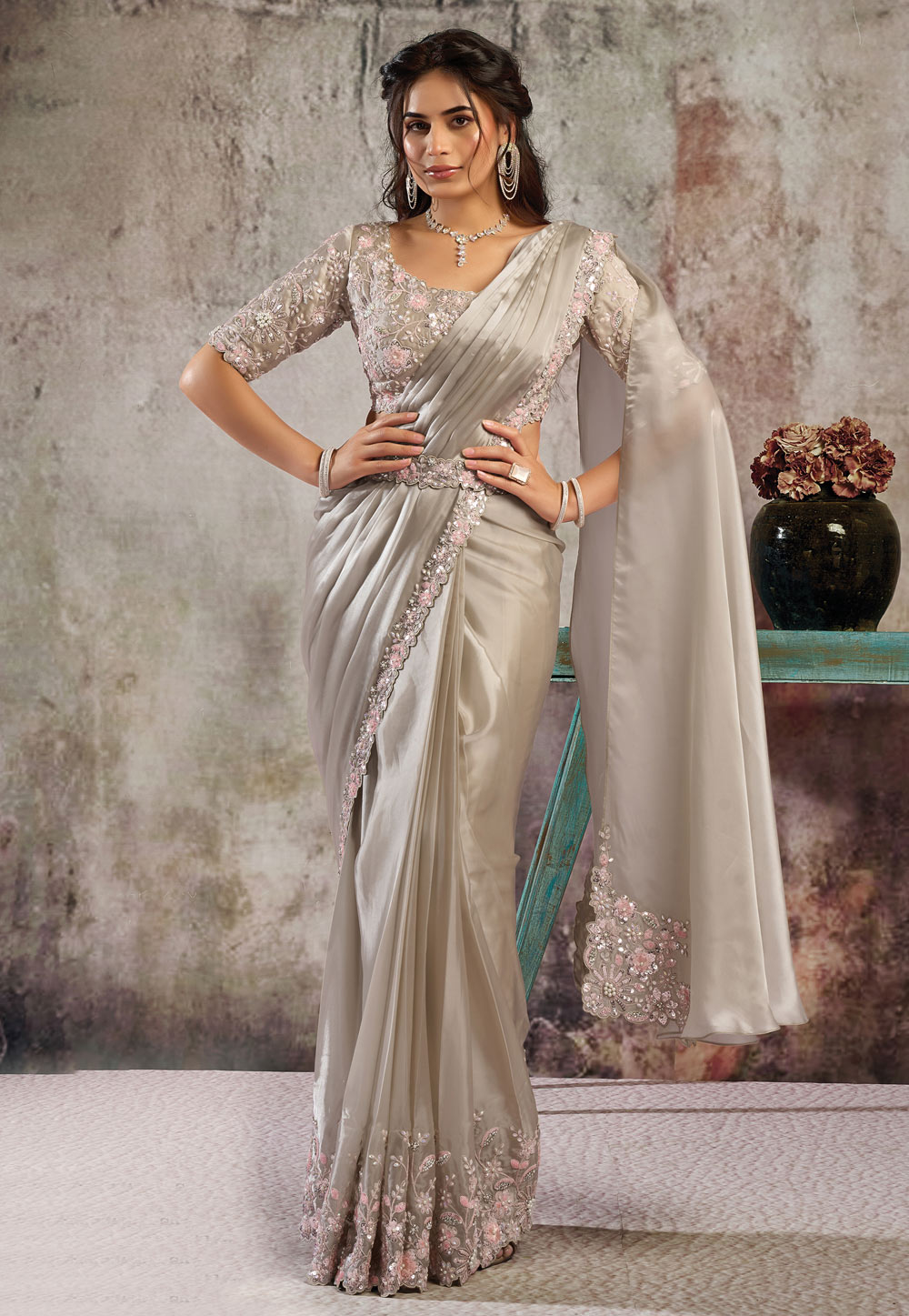 Grey Satin Silk Lehenga Saree 324407