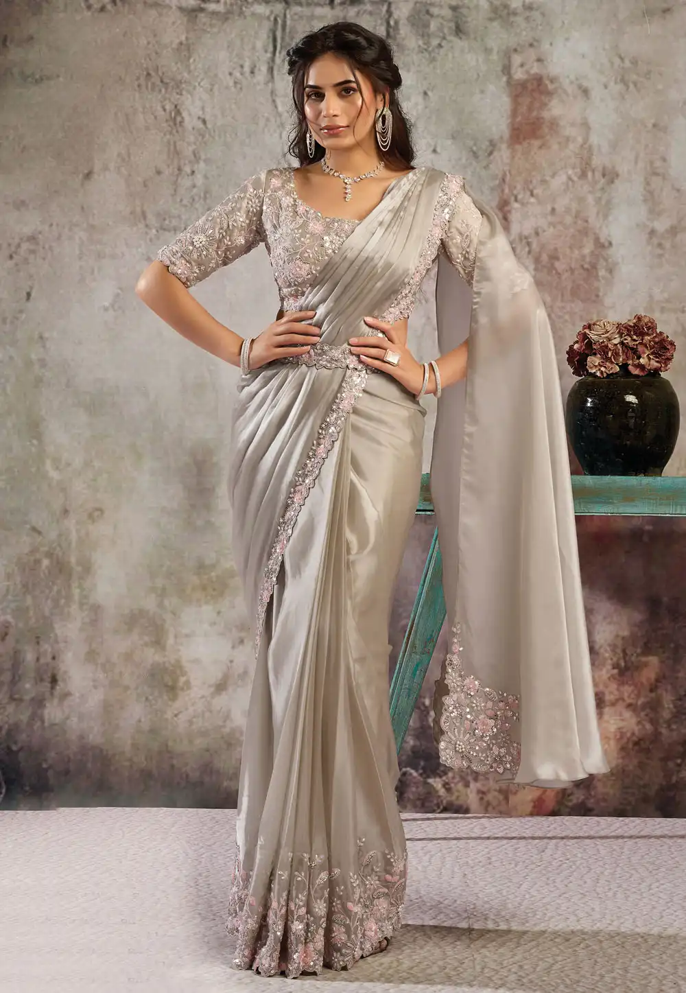 Grey Satin Silk Lehenga Saree 324407