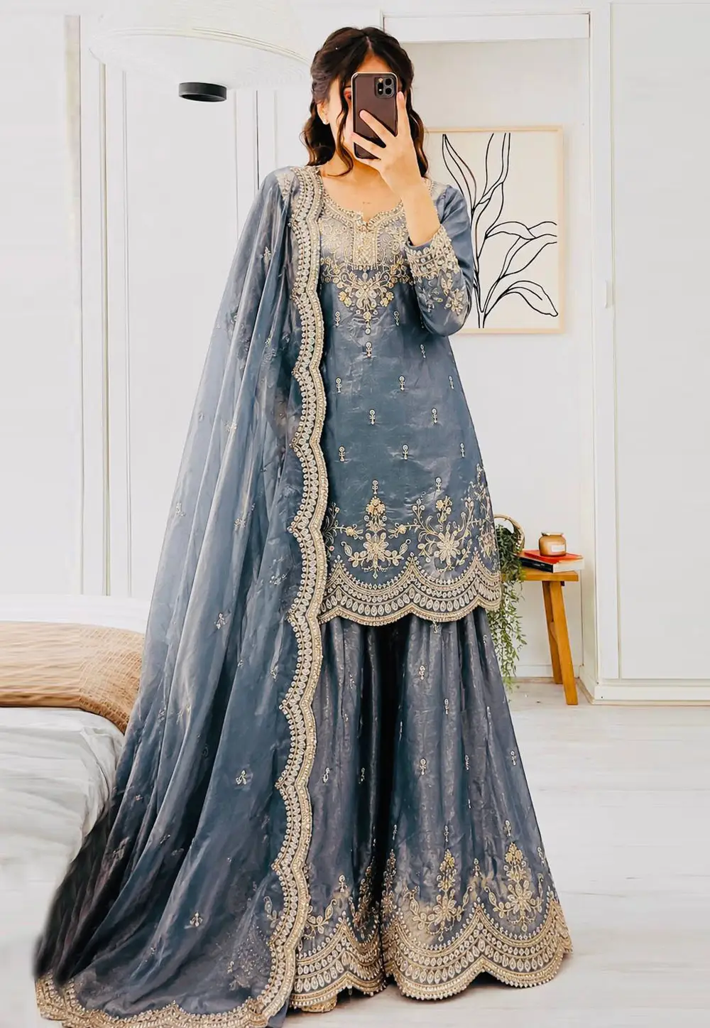 Grey Satin Silk Readymade Palazzo Suit 332321