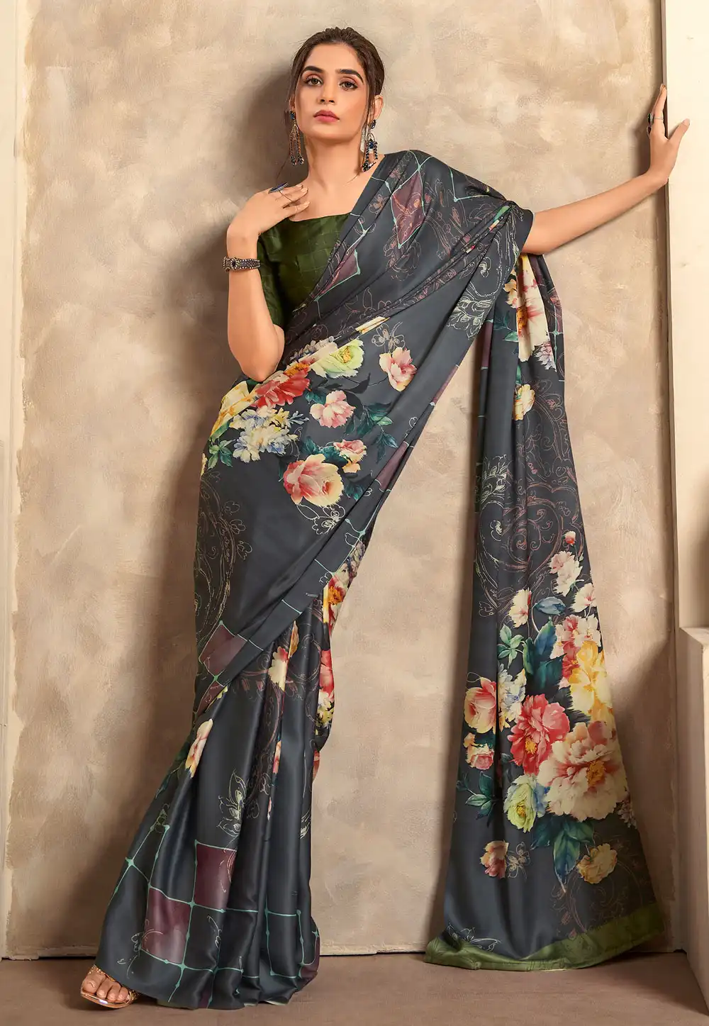 Grey Satin Silk Saree With Blouse 278456