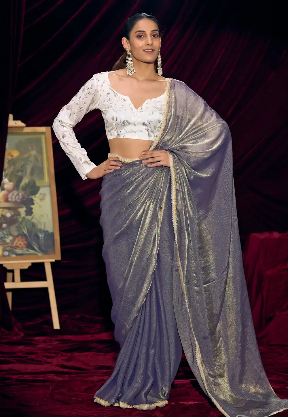 Grey Satin Silk Saree With Blouse 328474