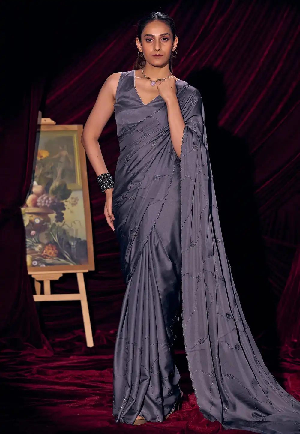 Grey Satin Silk Saree With Blouse 327772