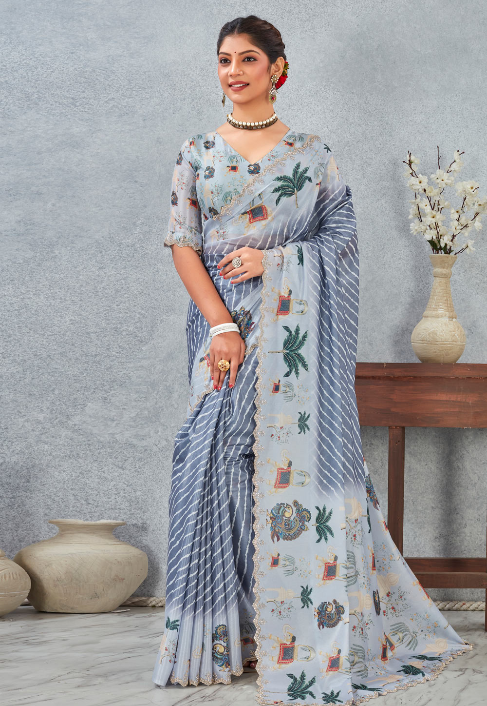 Grey Satin Silk Saree With Blouse 318332