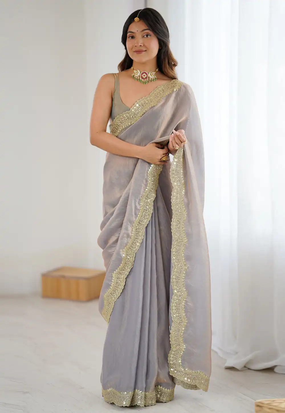 Grey Satin Silk Saree With Blouse 326707