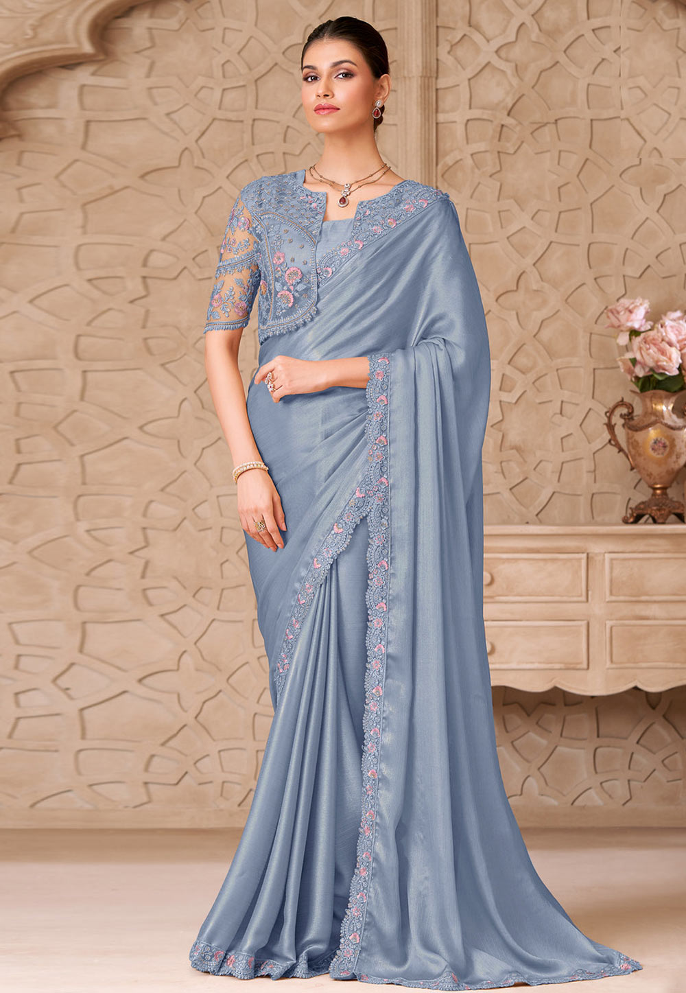 Grey Shimmer Designer Saree 325761
