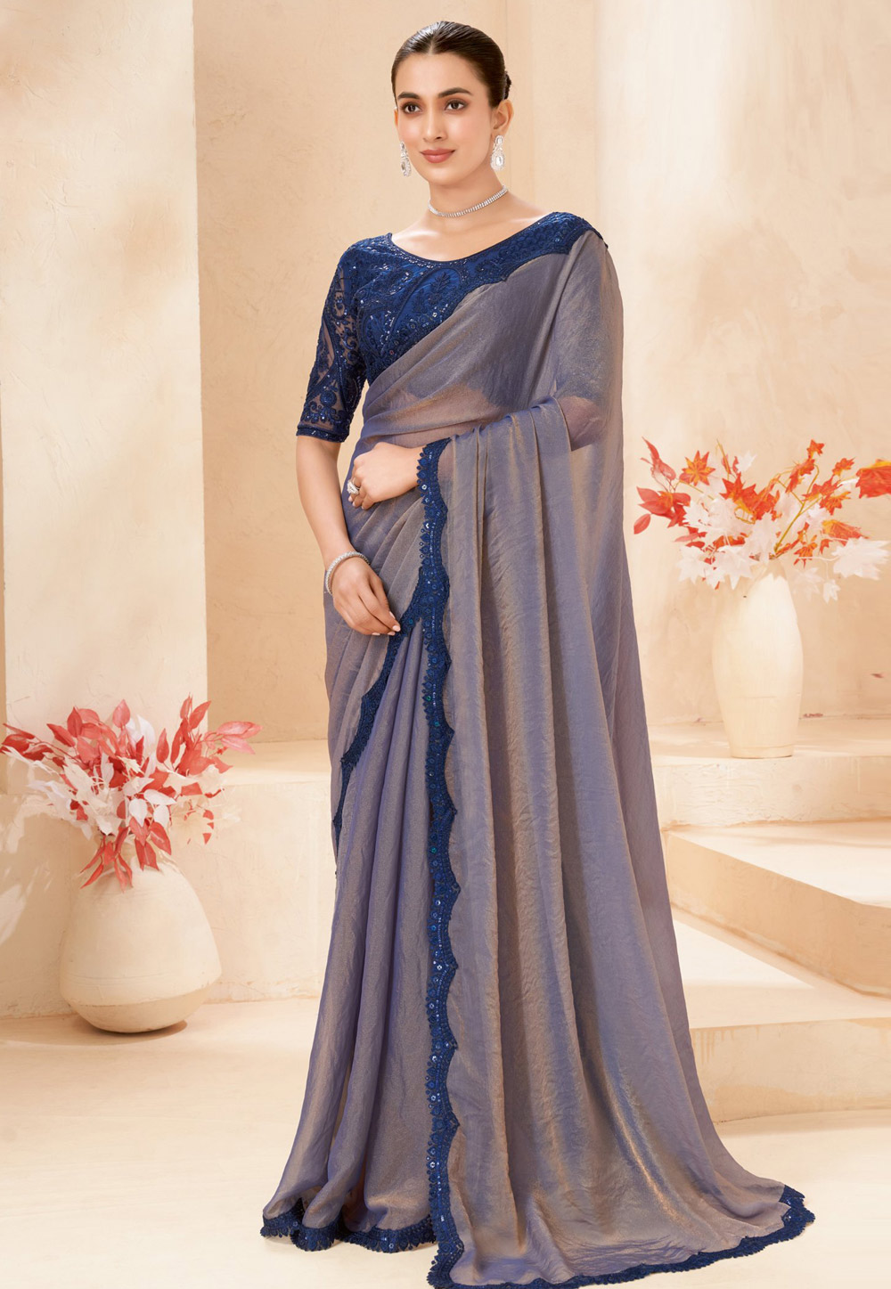 Grey Shimmer Georgette Saree With Blouse 327640