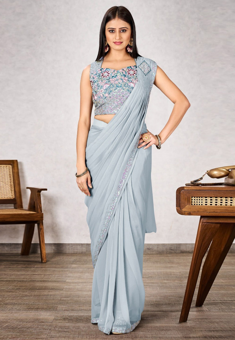Grey Shimmer Georgette Saree With Blouse 309417