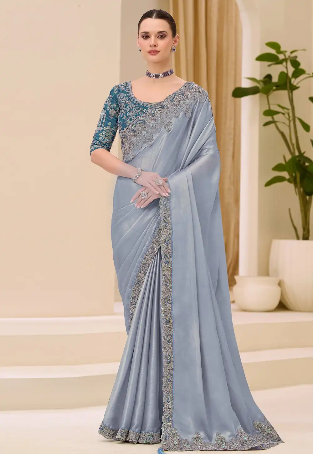 Grey Shimmer Saree With Blouse 326398