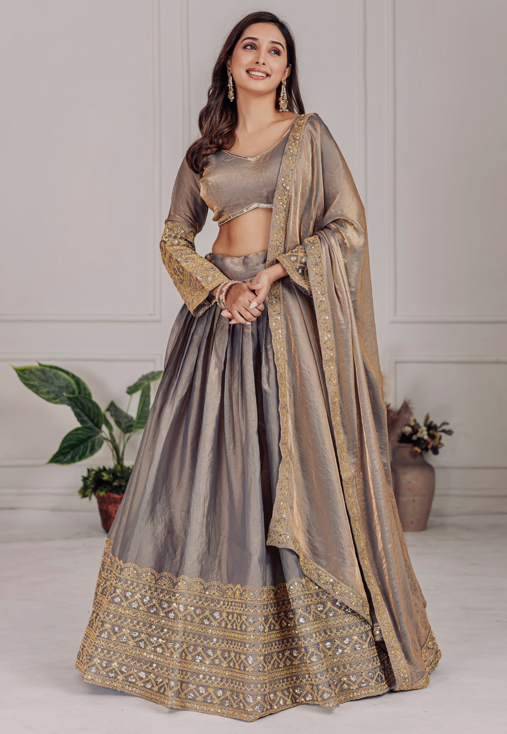 Grey Silk Circular Lehenga Choli 311842