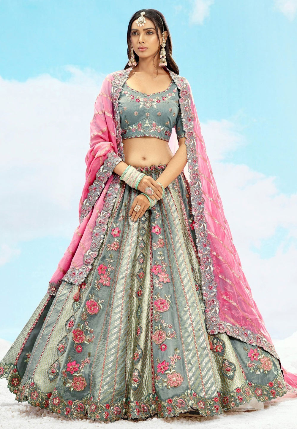 Grey Silk Circular Lehenga Choli 306618
