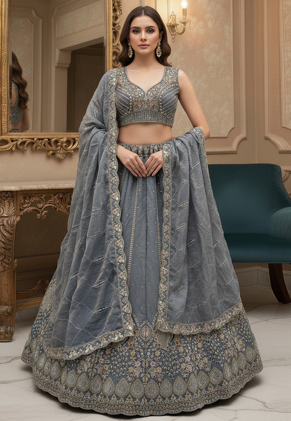 Grey Silk Circular Lehenga Choli 320221