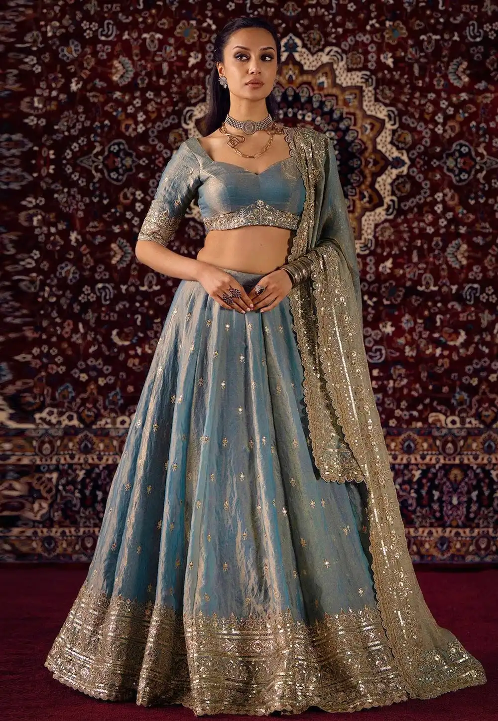 Grey Silk Circular Lehenga Choli 330433
