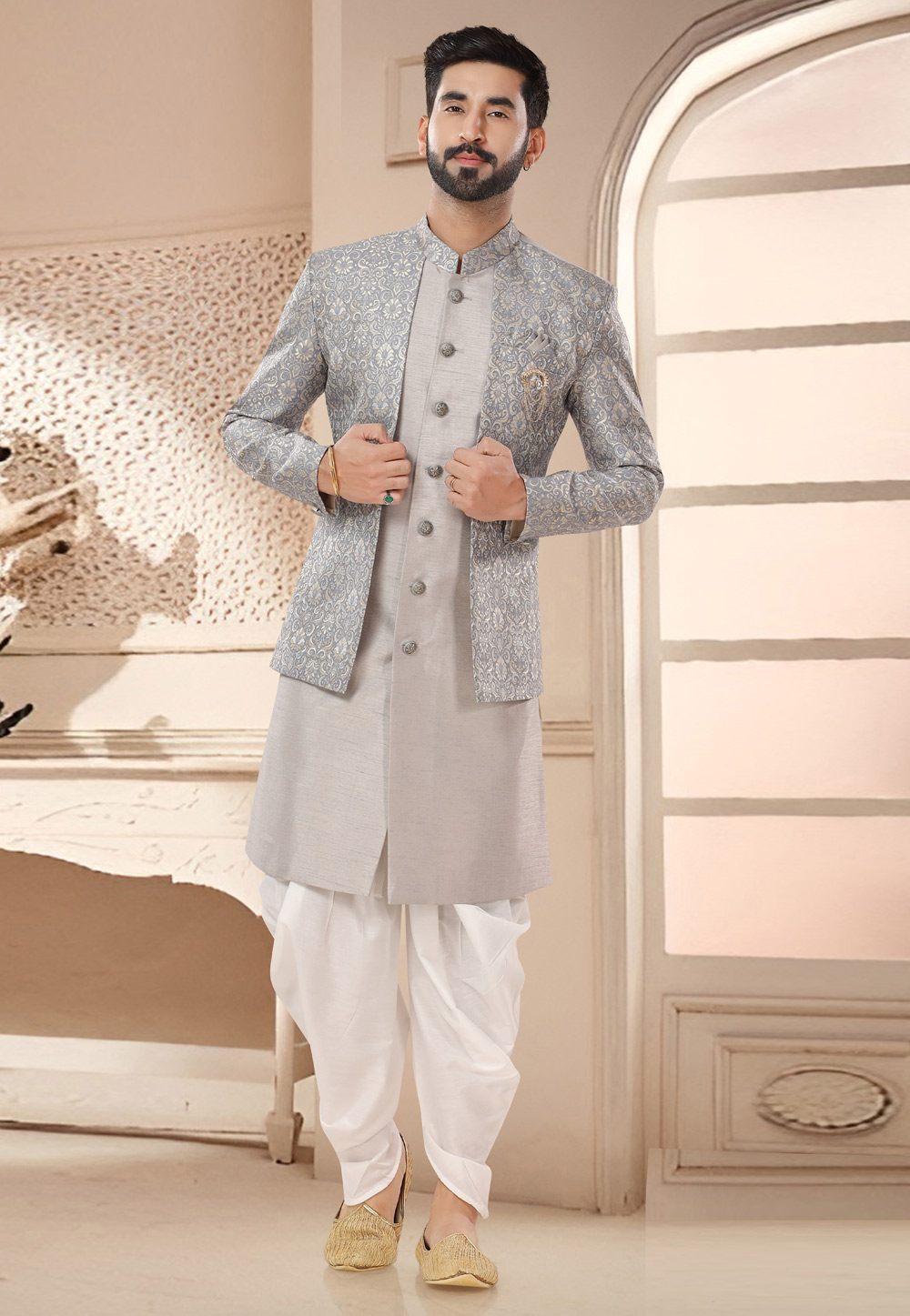 Grey Silk Dhoti Sherwani 285754