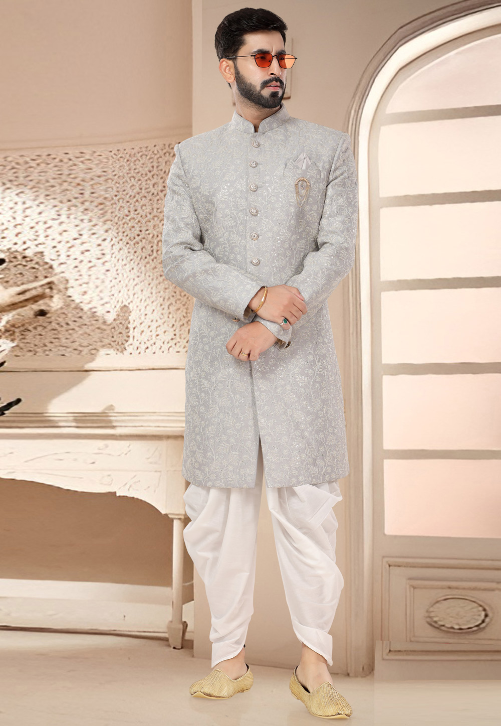 Grey Silk Dhoti Sherwani 285757