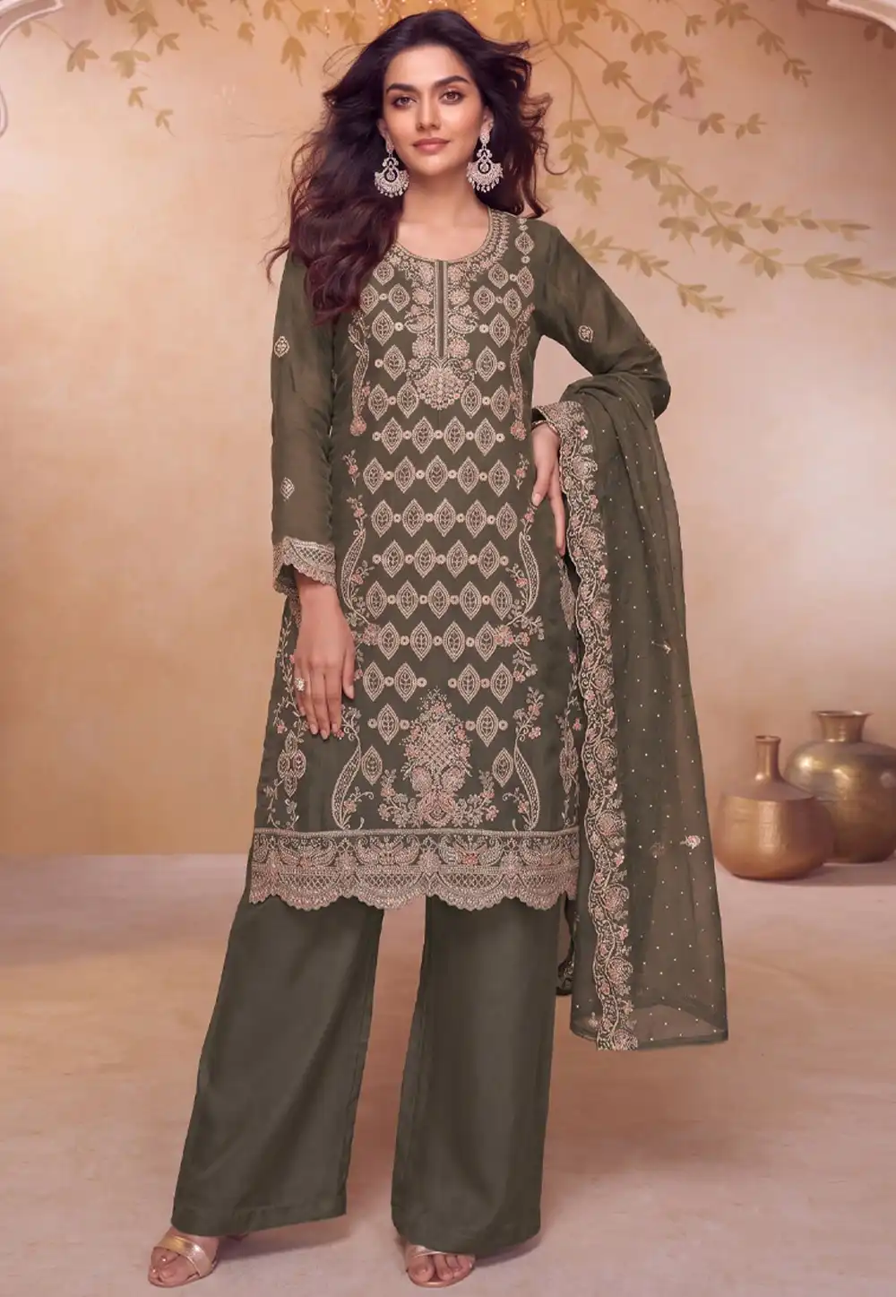 Grey Silk Embroidered Palazzo Suit 329735