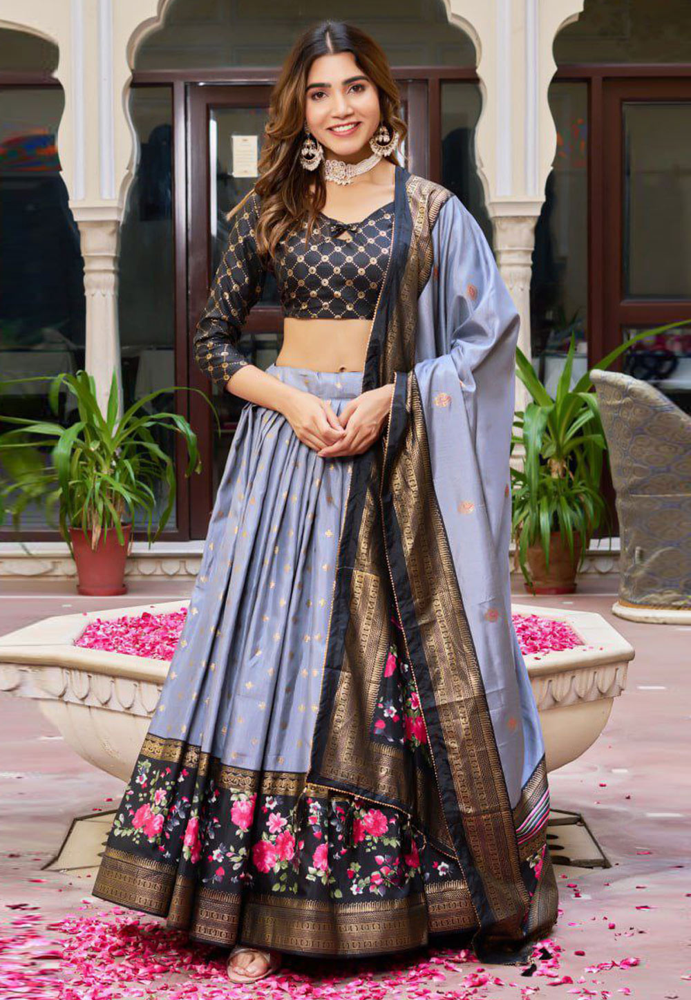 Grey Silk Floral Lehenga choli 327810