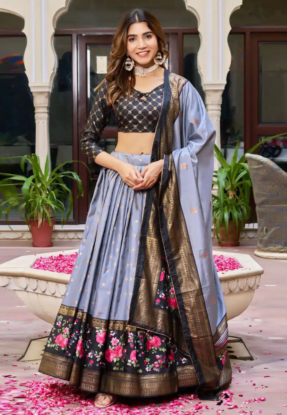 Grey Silk Floral Lehenga choli 327810