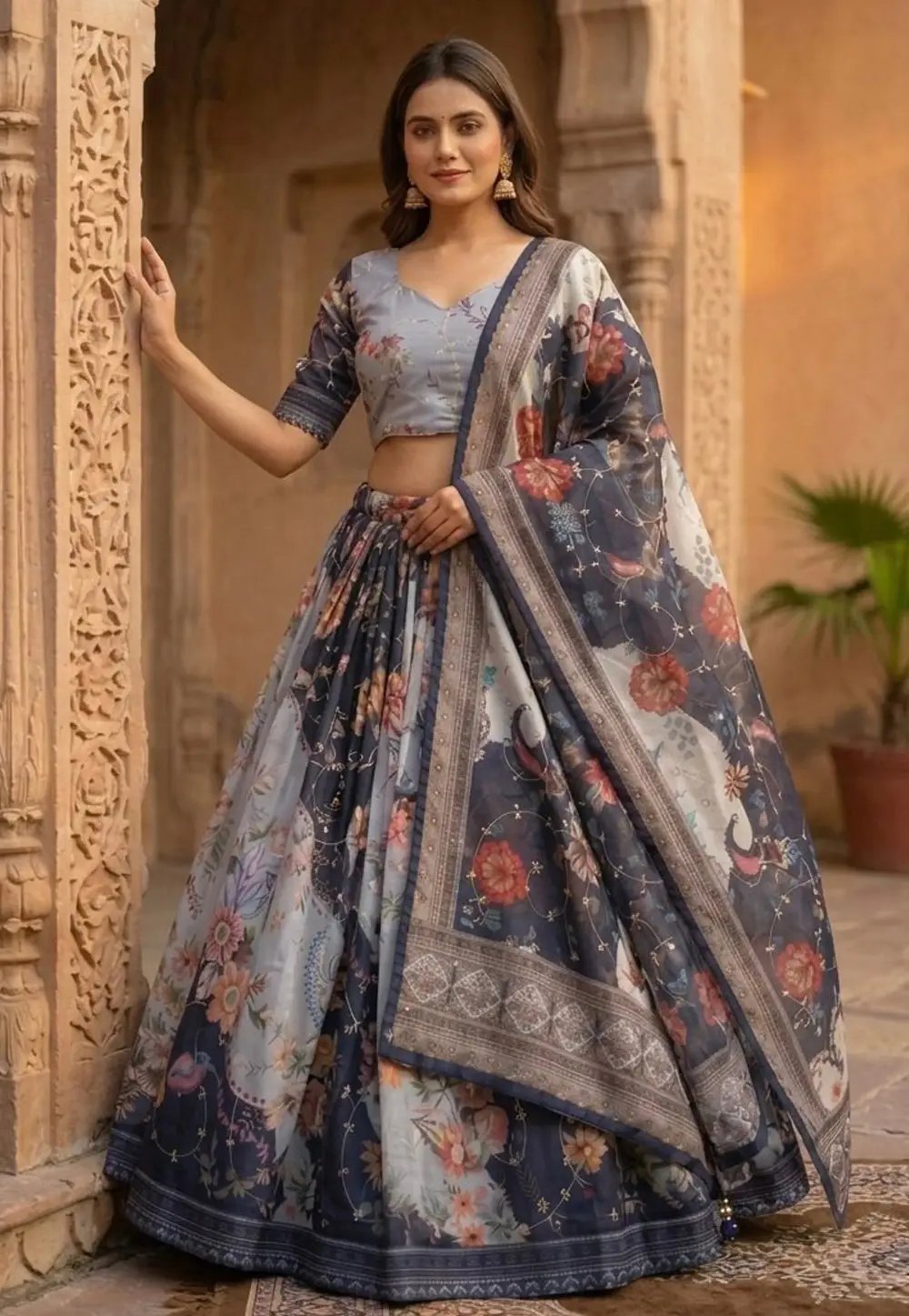 Grey Silk Floral print Lehenga Choli 331323