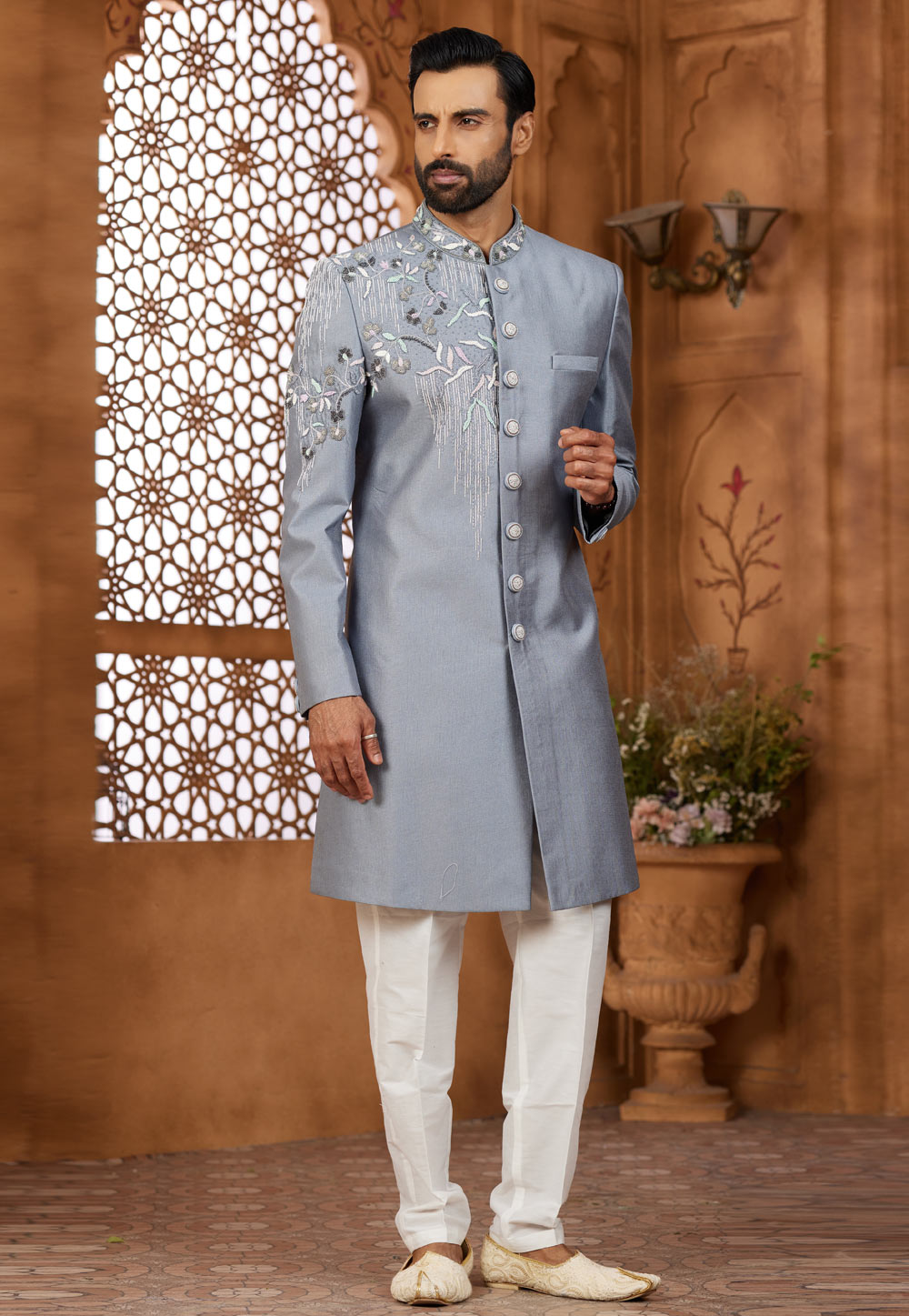 Grey Silk Indo Western Sherwani 306709