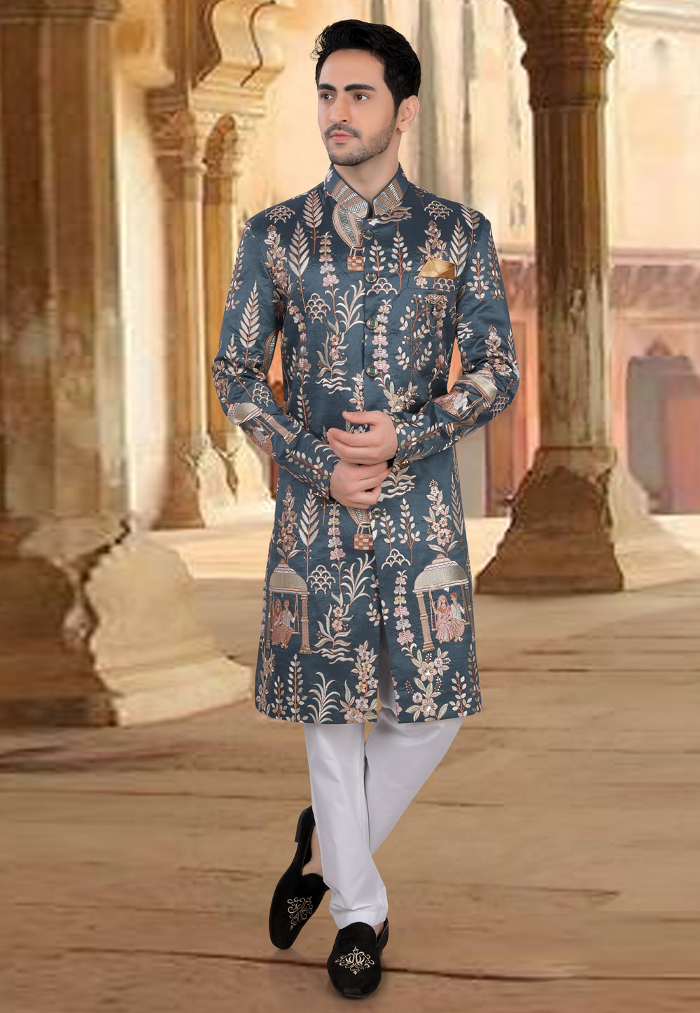 Grey Silk Indo Western Sherwani 309073