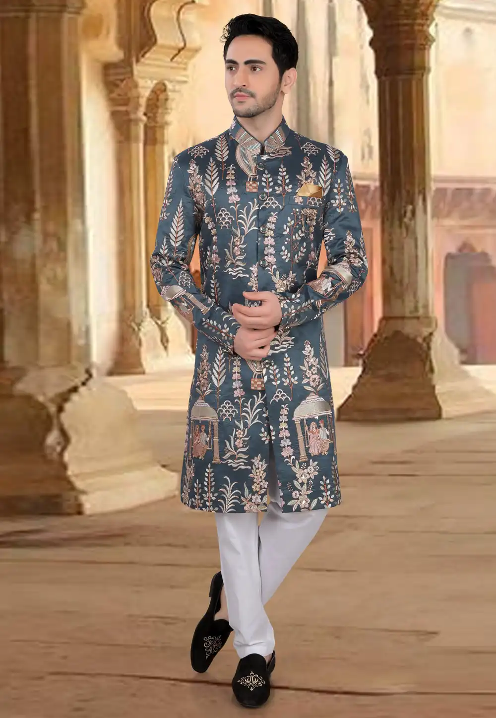 Grey Silk Indo Western Sherwani 309073