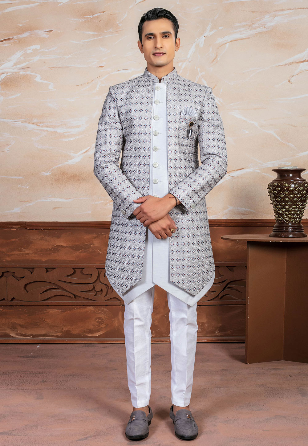 Grey Silk Indo Western Suit 287150