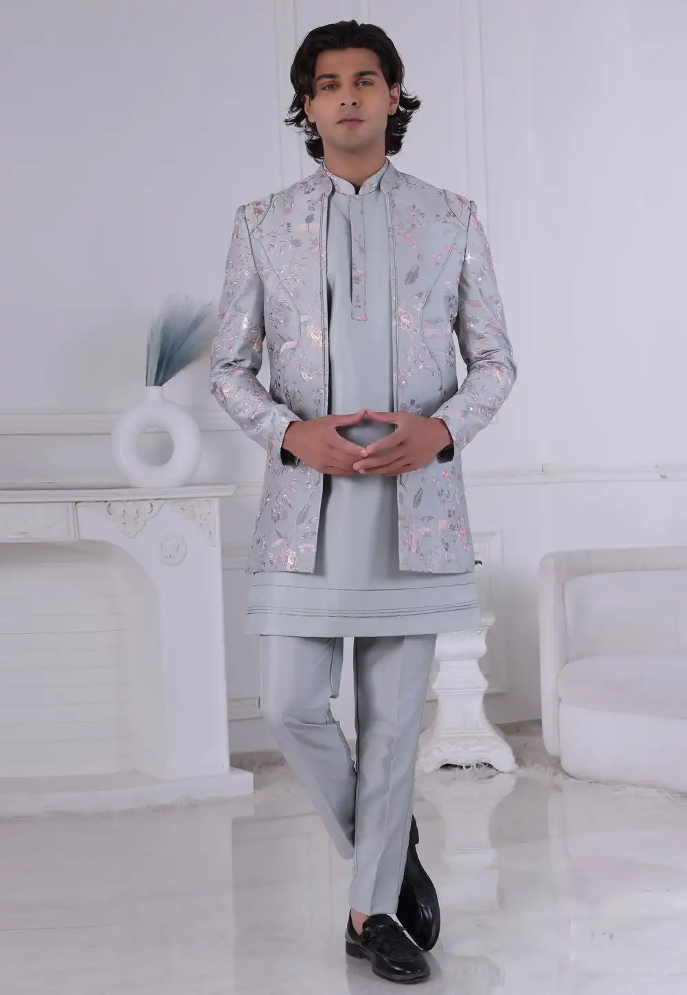 Grey Silk Indo Western Suit 314997